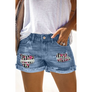 Sky Blue Rose Striped Graphic Ripped Patch Jeans Shorts Sky Blue Rose Striped Graphic Ripped Patch Jeans Shorts