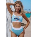 Sky Blue Letter Graphic Print Ribbed One Shoulder High Waist Bikini Swimsuit